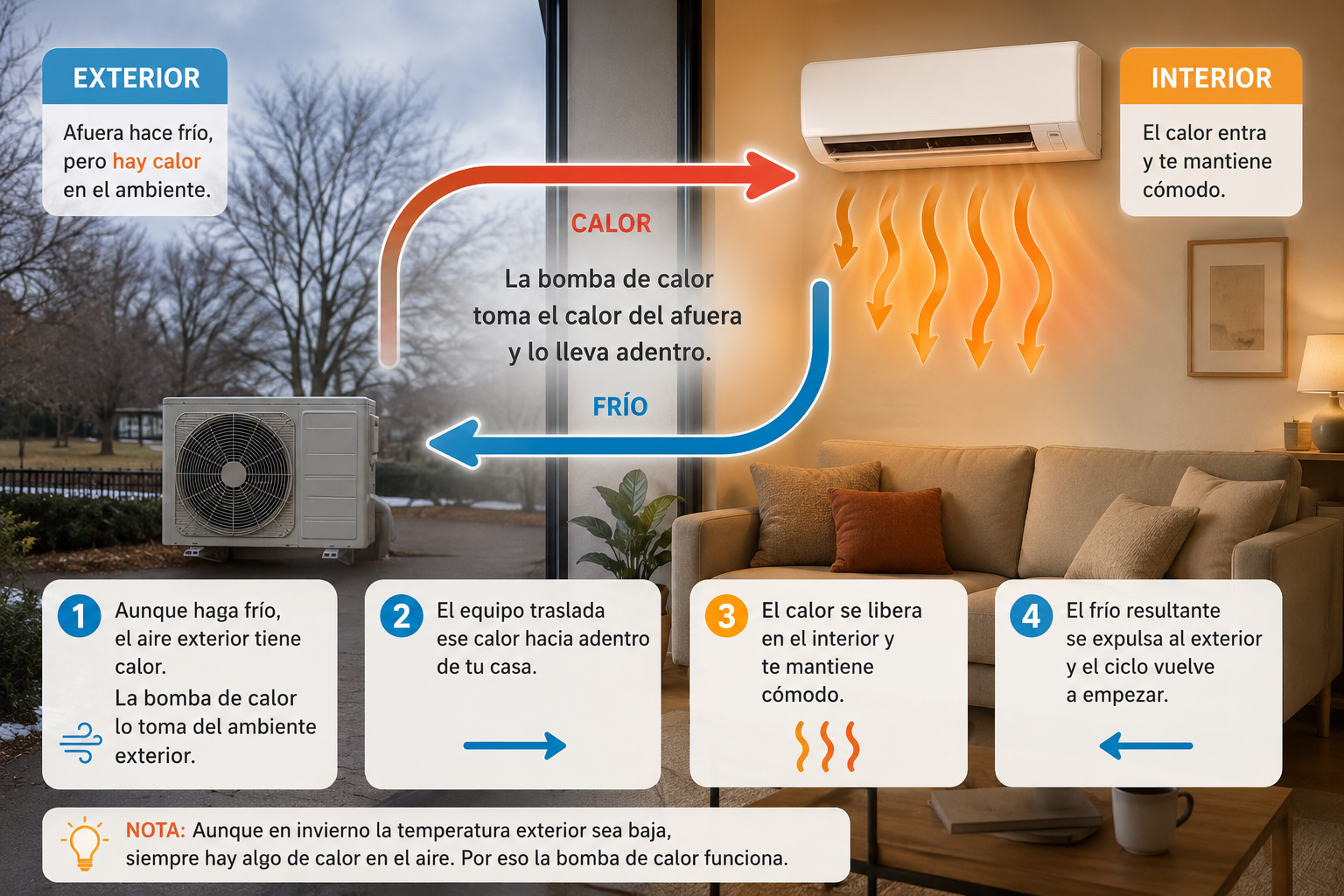 Diagrama del funcionamiento de una bomba de calor en invierno: el aire acondicionado extrae calor del aire exterior frío y lo transfiere al interior de la casa
