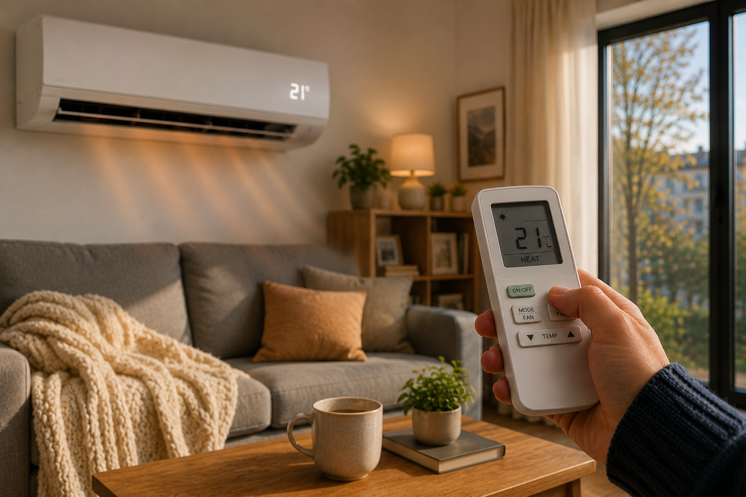 Living cálido en invierno con un split en modo calor a 21°C y una mano sosteniendo el control remoto