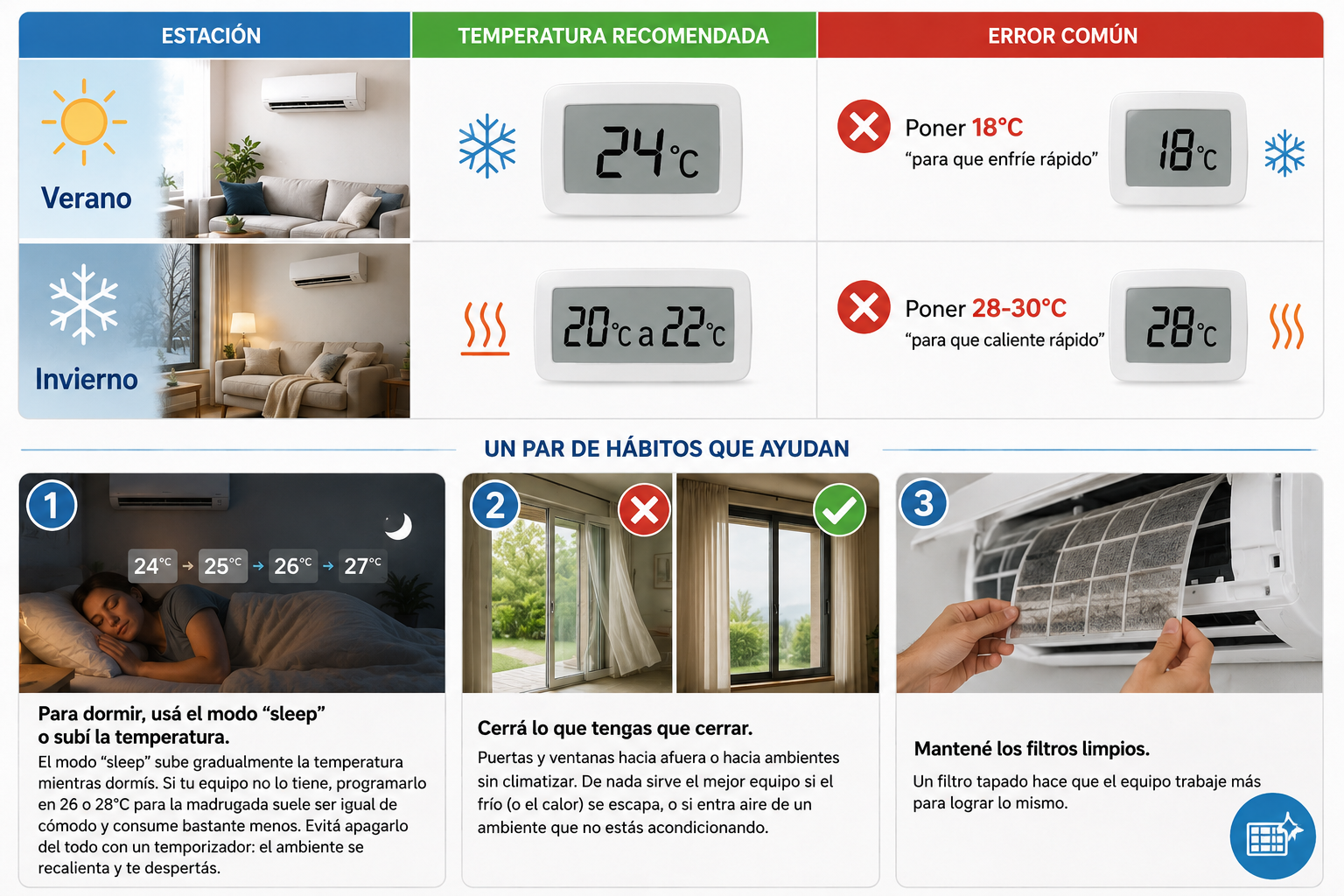 ¿A qué temperatura poner el aire acondicionado para ahorrar energía? Infografía sobre la temperatura ideal del aire acondicionado en verano e invierno. Recomienda 24°C para refrigeración y 20°C a 22°C para calefacción, muestra errores comunes como usar 18°C o 28-30°C, y consejos para ahorrar energía: modo sleep, cerrar puertas y ventanas y mantener filtros limpios.