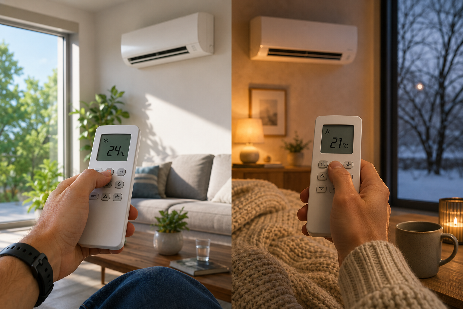 Mano con el control del aire acondicionado, en dos escenas comparadas — verano a 24°C e invierno a 21°C